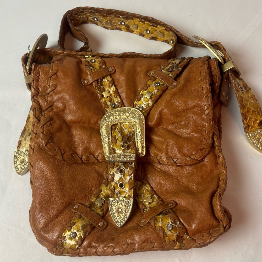 Charm & Luck Leather Handbag Bling Rhinestone Buckles Western Tan Crossbody Bag